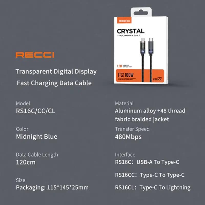کابل فست شارژ لایتنینگ 27 وات 1.2 متری Recci مدل RS16CL — تصویر ۴