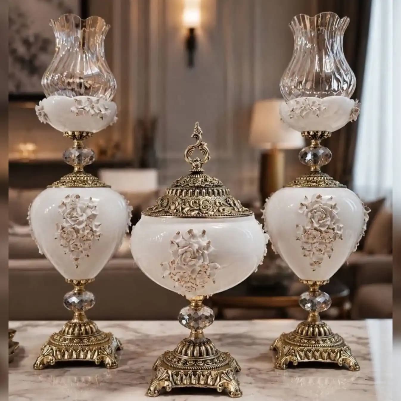 شمعدان و کاپ گل رز گل برجسته | دکوری لوکس وارداتی کد 379