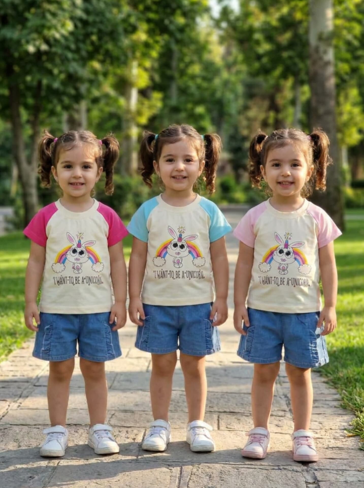 ست تیشرت شلوارک بچگانه دخترانه وارداتی طرح تک شاخ جنس شلوارک جین