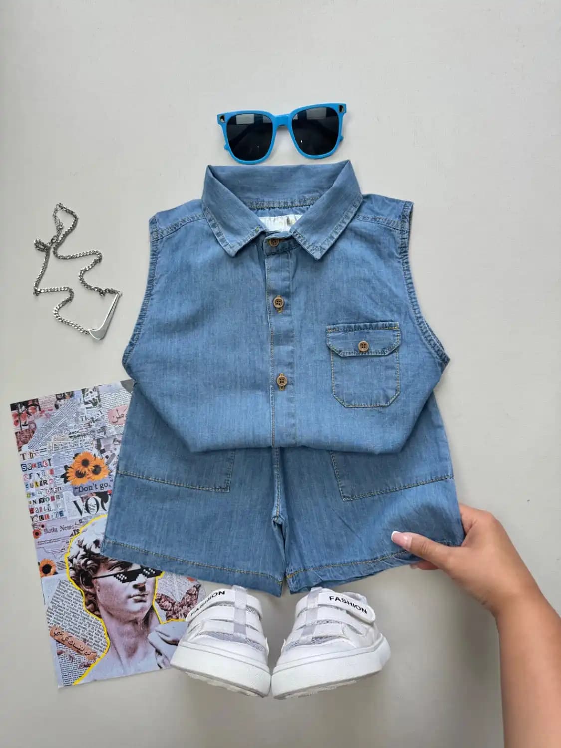 تاپ و شلوارک بچگانه (جین یقه دار)کد 4108 — تصویر ۲
