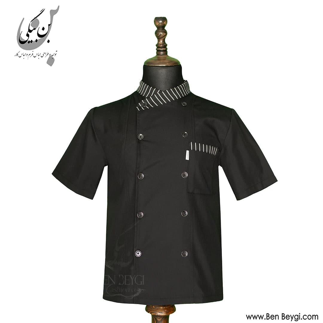 پیراهن آشپزی با پیشبند پارچه ترگال ده دکمه روهمگرد دار آستین کوتاه رنگ مشکی با خرجکار سفید کد 34318