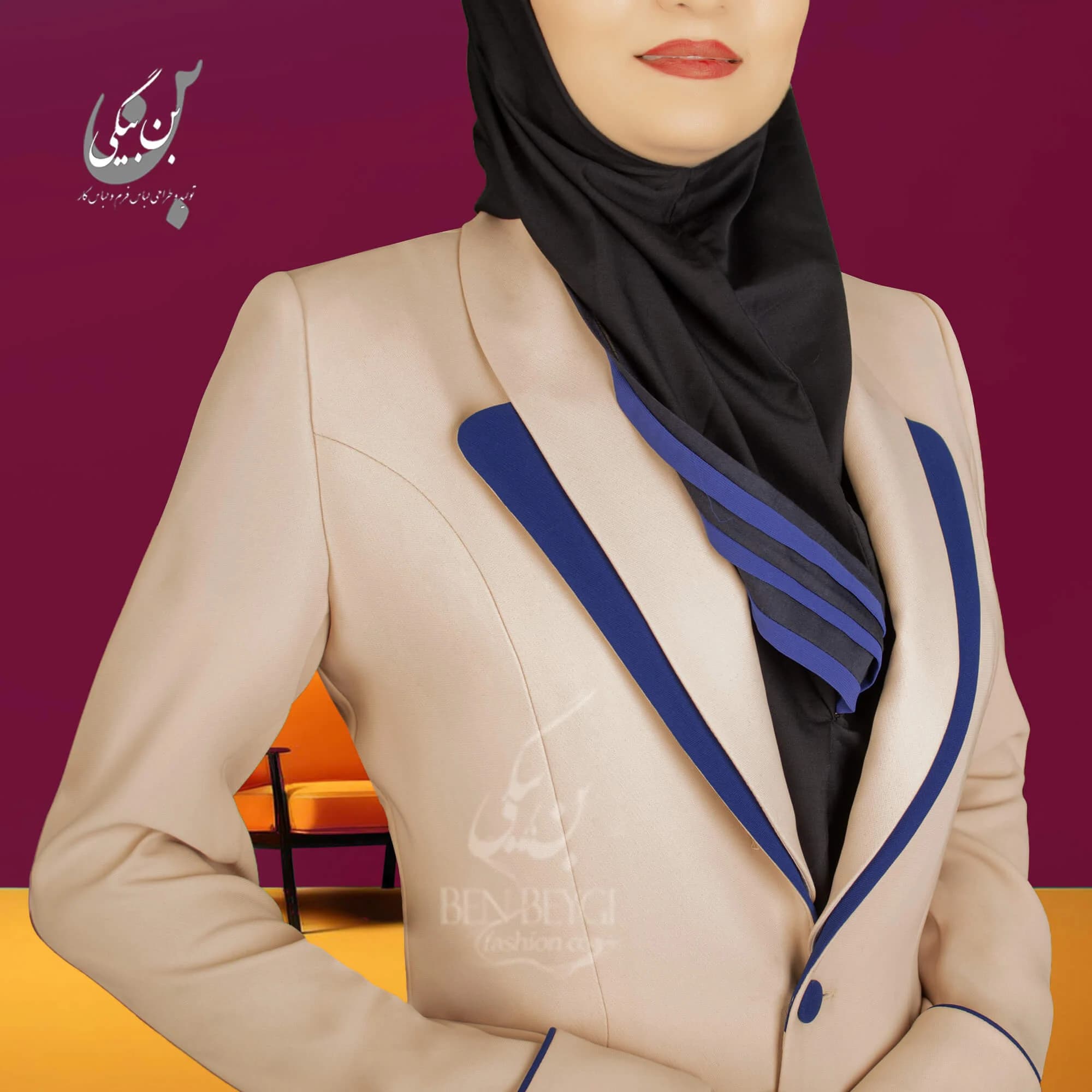 مانتو شلوار اداری کرم خرج کار آبی یقه دابل آرشال تک دکمه پارچه کنزو کد 33476 — تصویر ۲