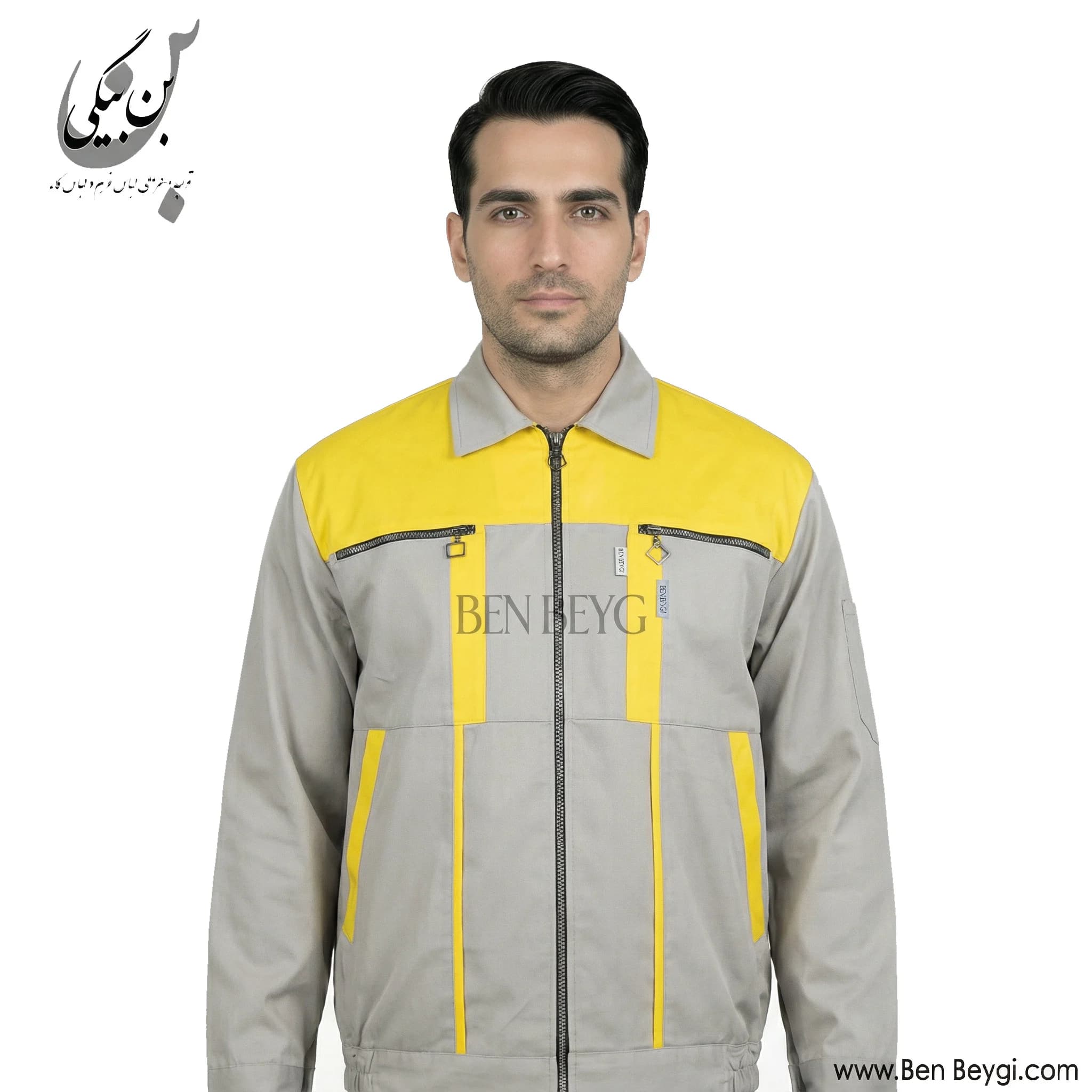 کاپشن کار با شلوار پارچه کجراه زیپ دار دو جیب یقه مردانه رنگ کرم و زرد کد 33419