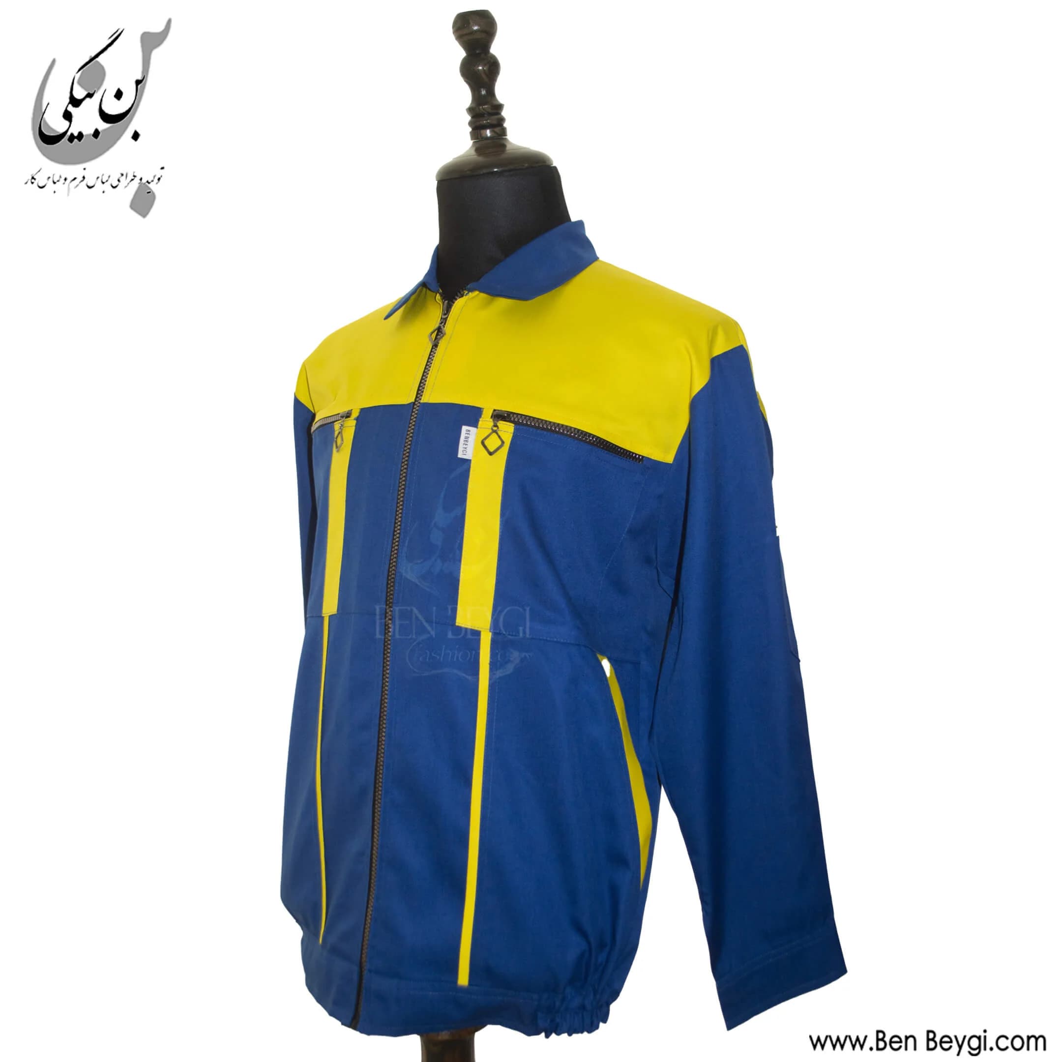 کاپشن کار با شلوار پارچه کجراه زیپ دار دو جیب یقه مردانه رنگ سرمه‌ای و زرد کد 33406 — تصویر ۲