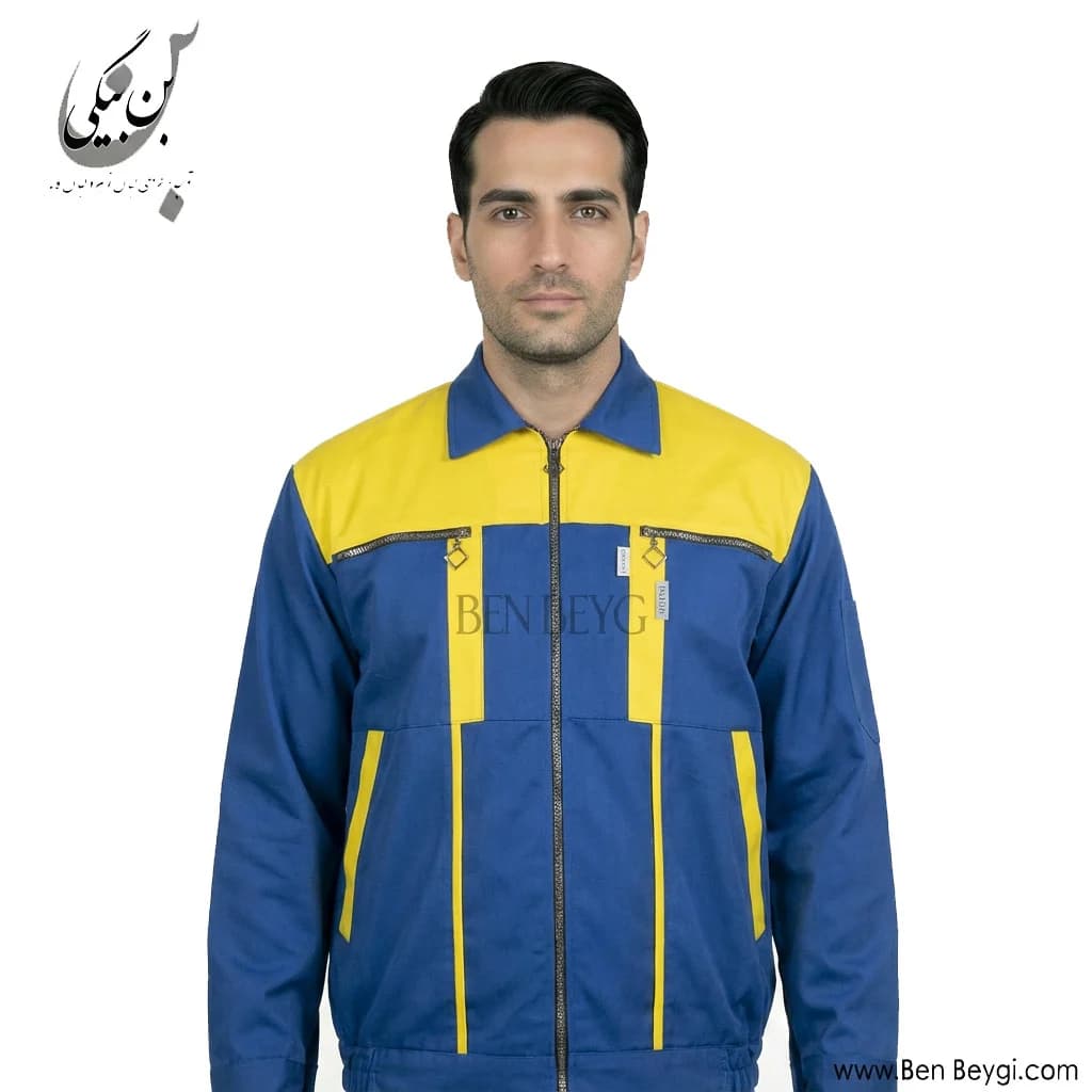 کاپشن کار با شلوار پارچه کجراه زیپ دار دو جیب یقه مردانه رنگ سرمهای و زرد کد 33406
