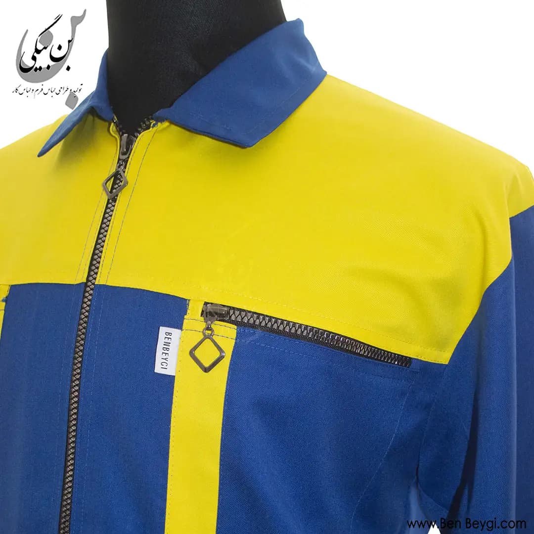 کاپشن کار با شلوار پارچه کجراه زیپ دار دو جیب یقه مردانه رنگ سرمه‌ای و زرد کد 33406 — تصویر ۳