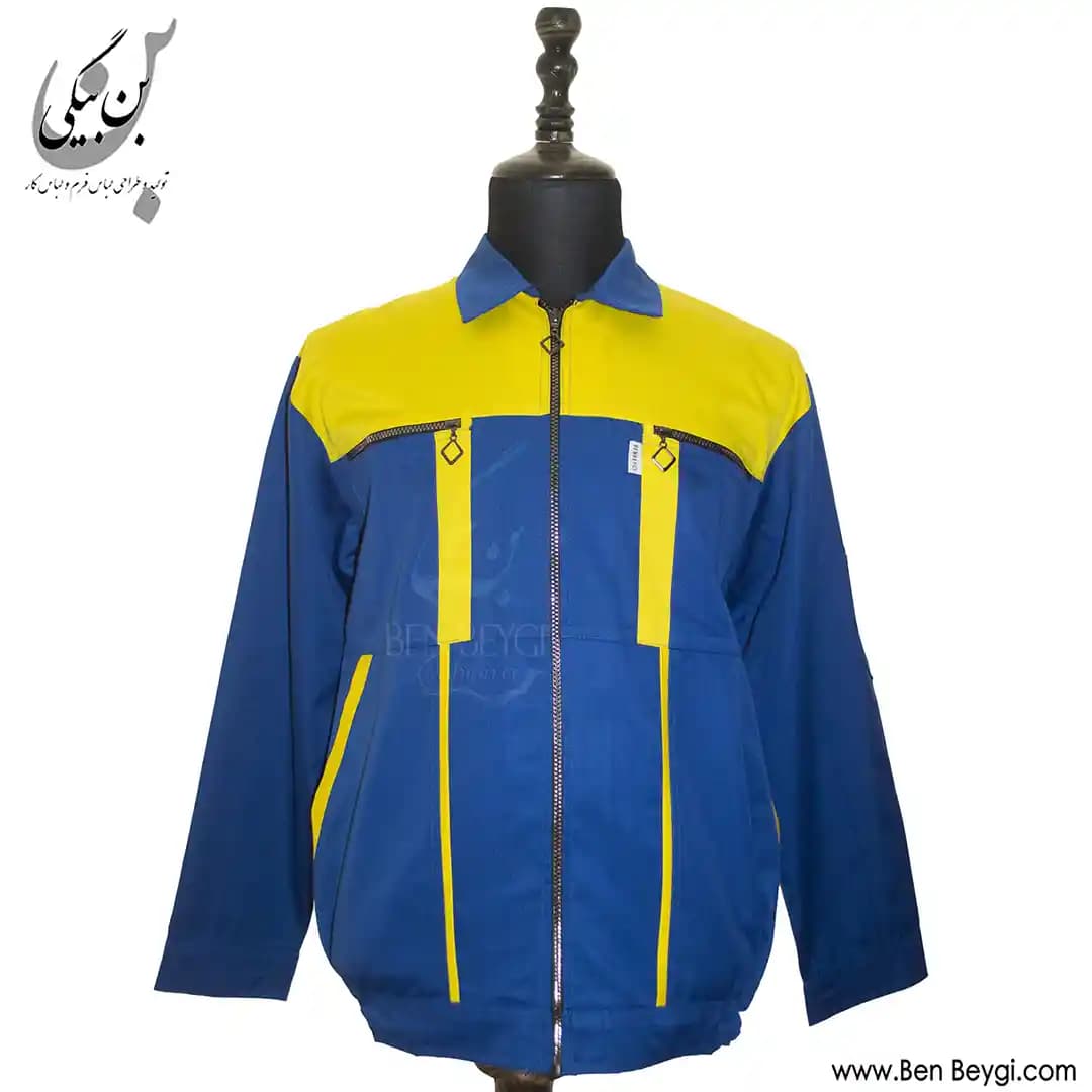 کاپشن کار با شلوار پارچه کجراه زیپ دار دو جیب یقه مردانه رنگ سرمه‌ای و زرد کد 33406 — تصویر ۶
