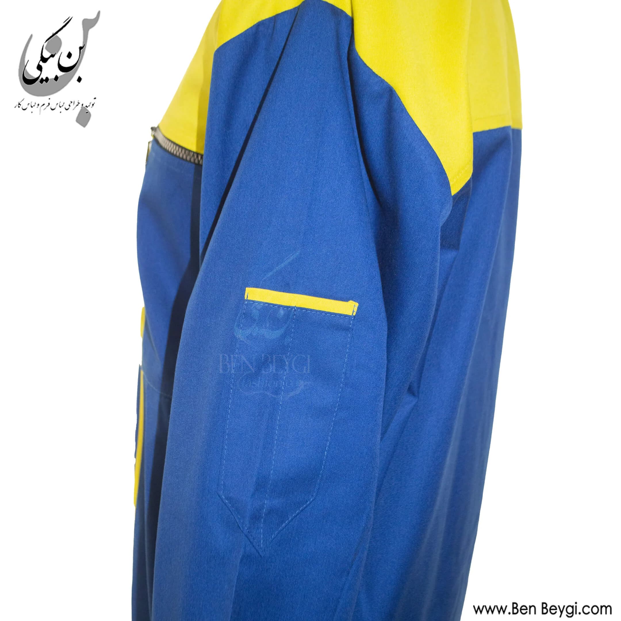 کاپشن کار با شلوار پارچه کجراه زیپ دار دو جیب یقه مردانه رنگ سرمه‌ای و زرد کد 33406 — تصویر ۴