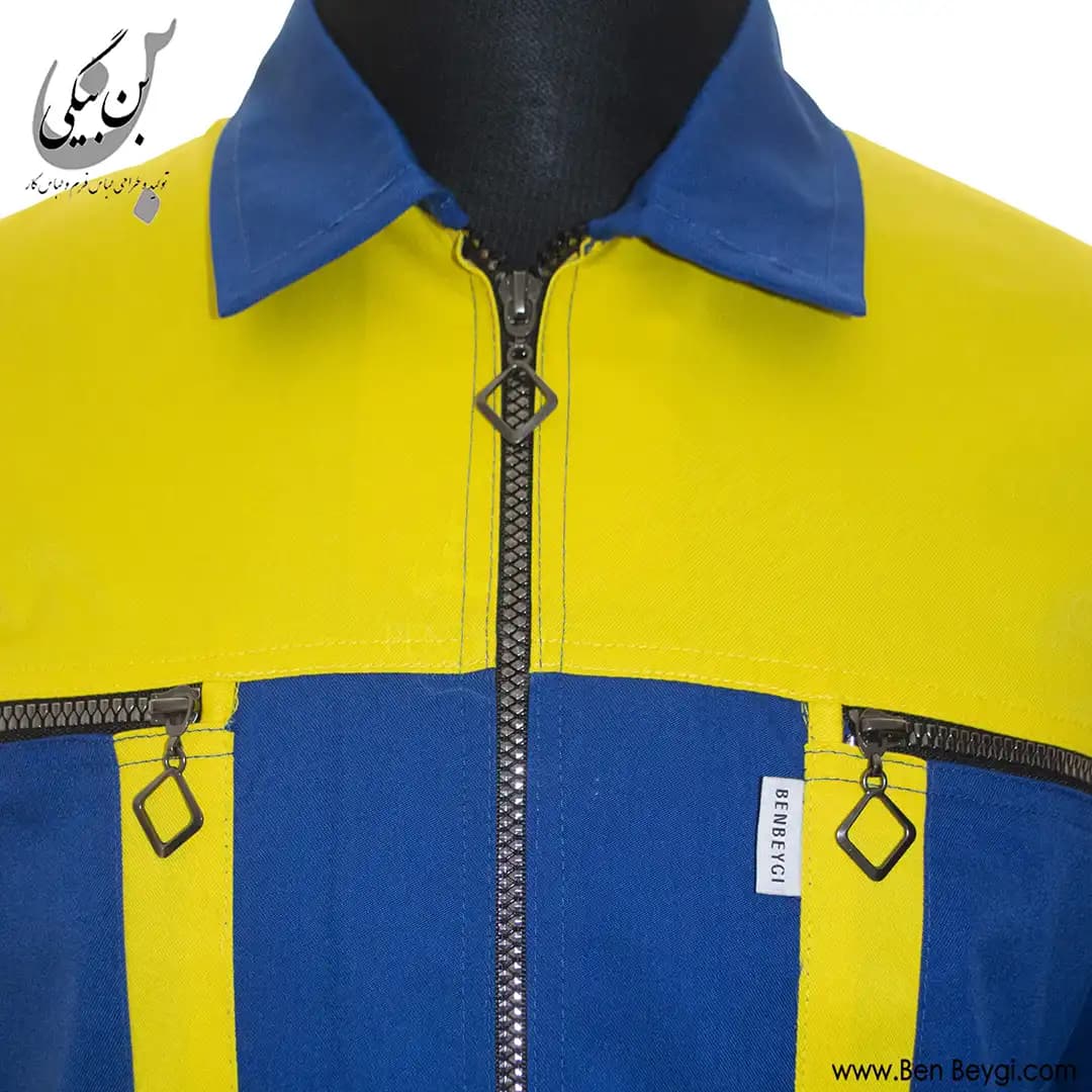 کاپشن کار با شلوار پارچه کجراه زیپ دار دو جیب یقه مردانه رنگ سرمه‌ای و زرد کد 33406 — تصویر ۵