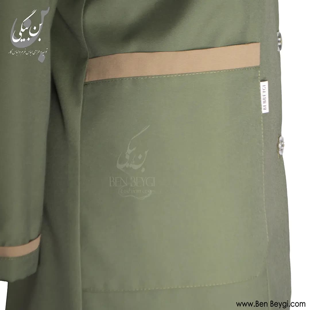 مانتو شلوار کار زنانه پارچه کجراه رنگ سبز خرج کار کرم کد 33389 — تصویر ۳