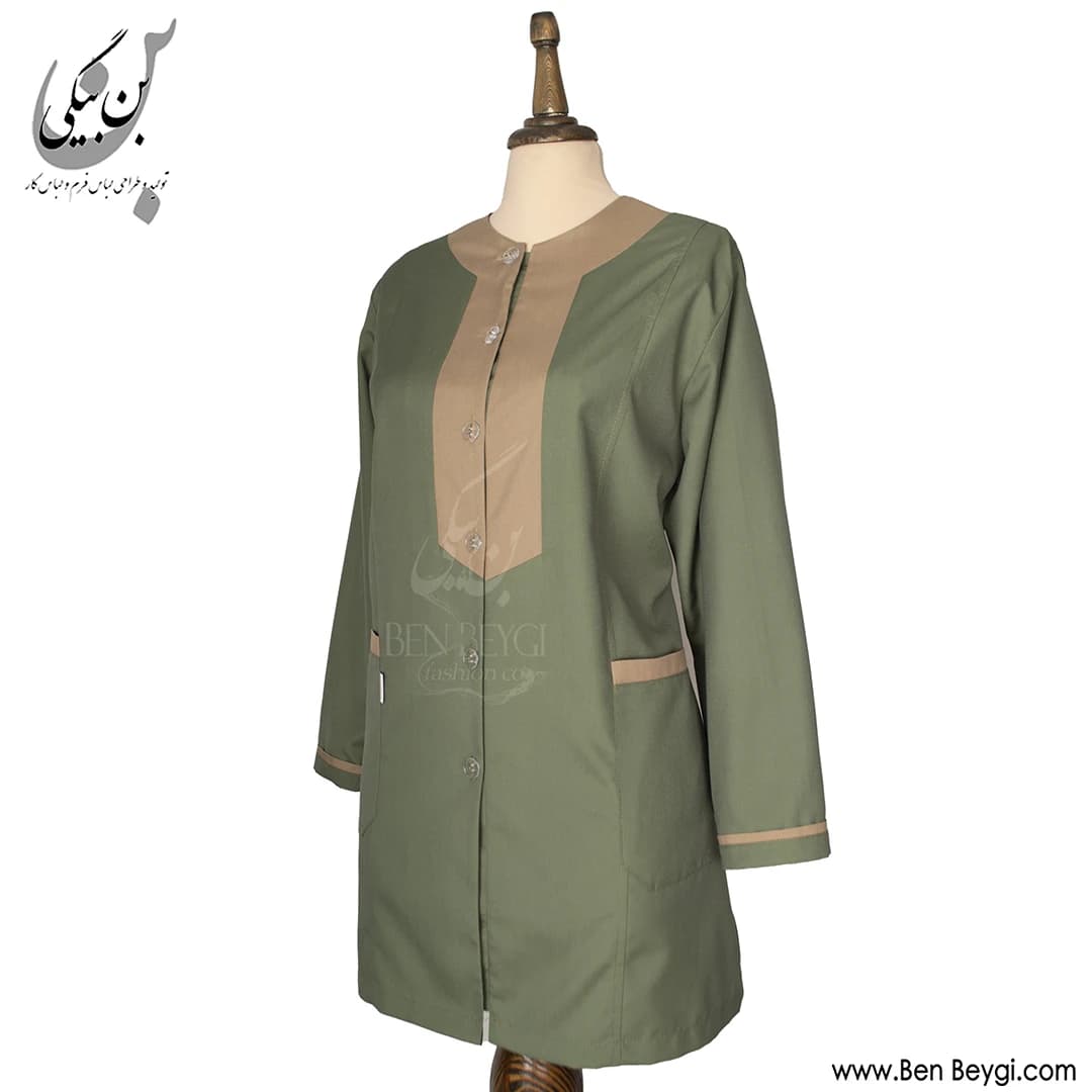 مانتو شلوار کار زنانه پارچه کجراه رنگ سبز خرج کار کرم کد 33389 — تصویر ۲