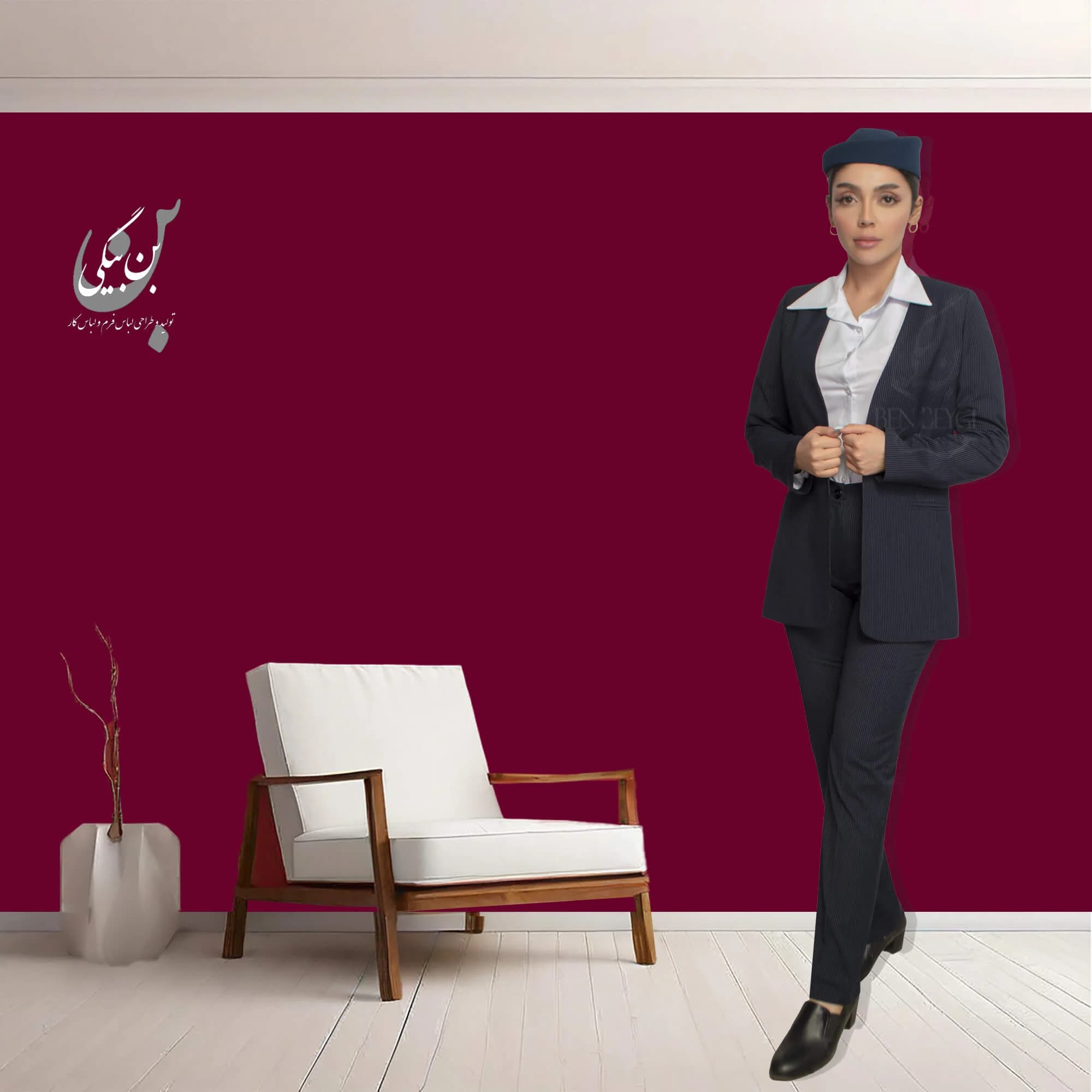 کت و شلوار اداری زنانه سرمه‌ای خط سفید یقه هفت بدون دکمه پارچه گاباردین دیپلمات کد 32481 — تصویر ۲