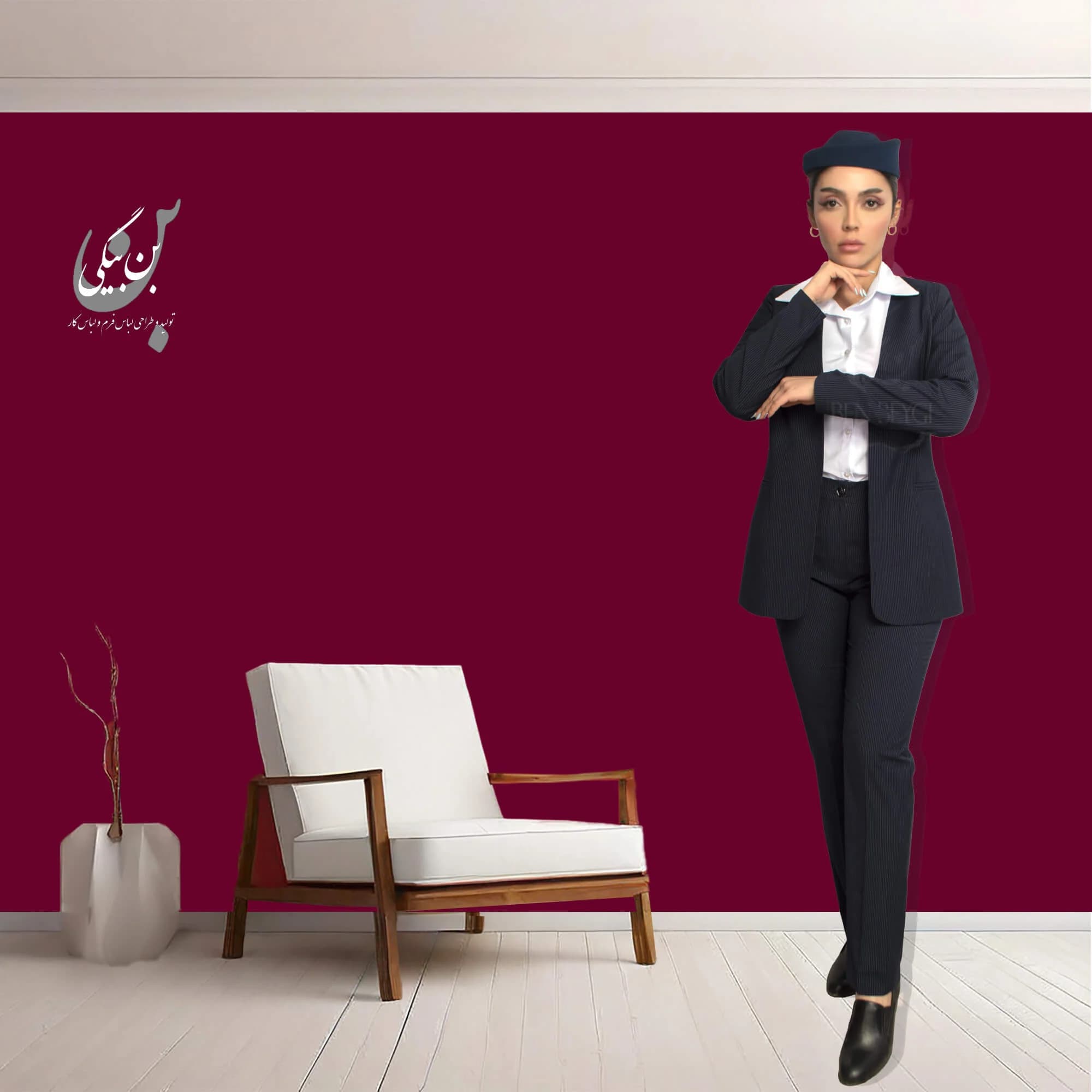 کت و شلوار اداری زنانه سرمه‌ای خط سفید یقه هفت بدون دکمه پارچه گاباردین دیپلمات کد 32481
