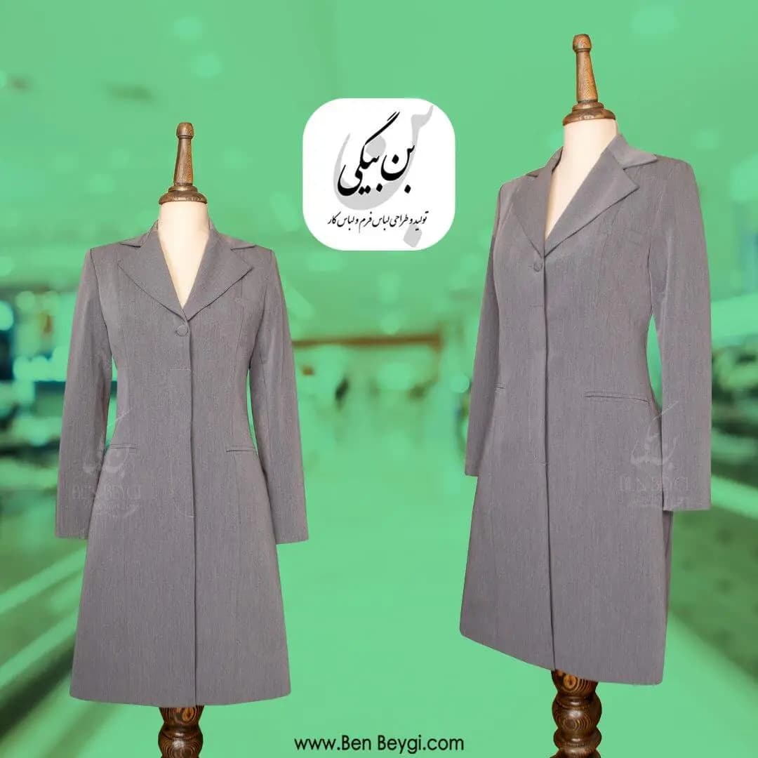 مانتو شلوار اداری طوسی تک دکمه یقه انگلیسی پارچه فیونا کد 31553 — تصویر ۵