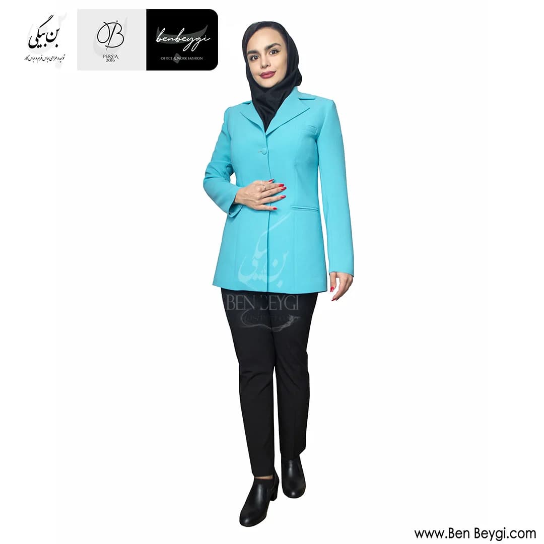 مانتو شلوار اداری آبی نارنگ تک دکمه یقه انگلیسی پارچه کرپ کنزو کد 25897 — تصویر ۵