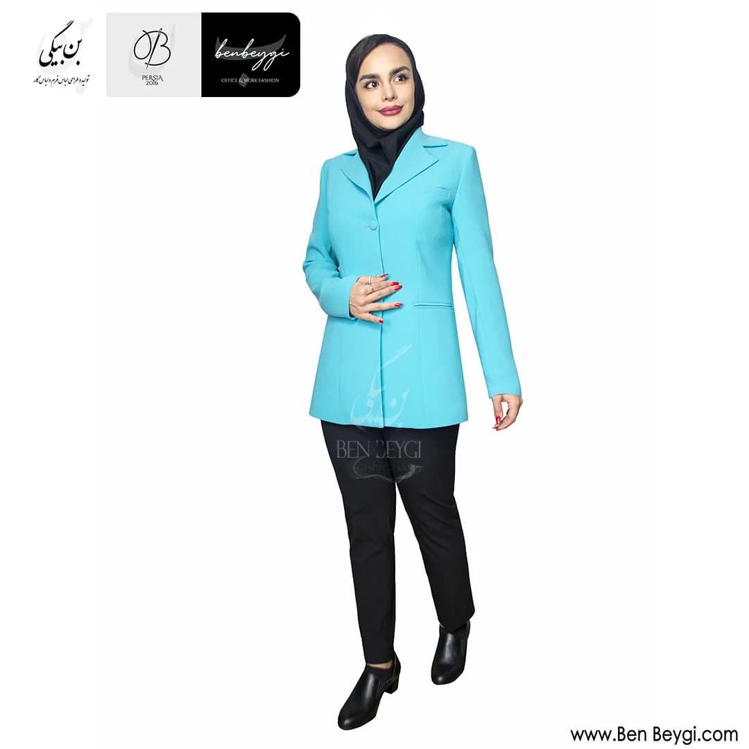 مانتو شلوار اداری آبی نارنگ تک دکمه یقه انگلیسی پارچه کرپ کنزو کد 25897 — تصویر ۲