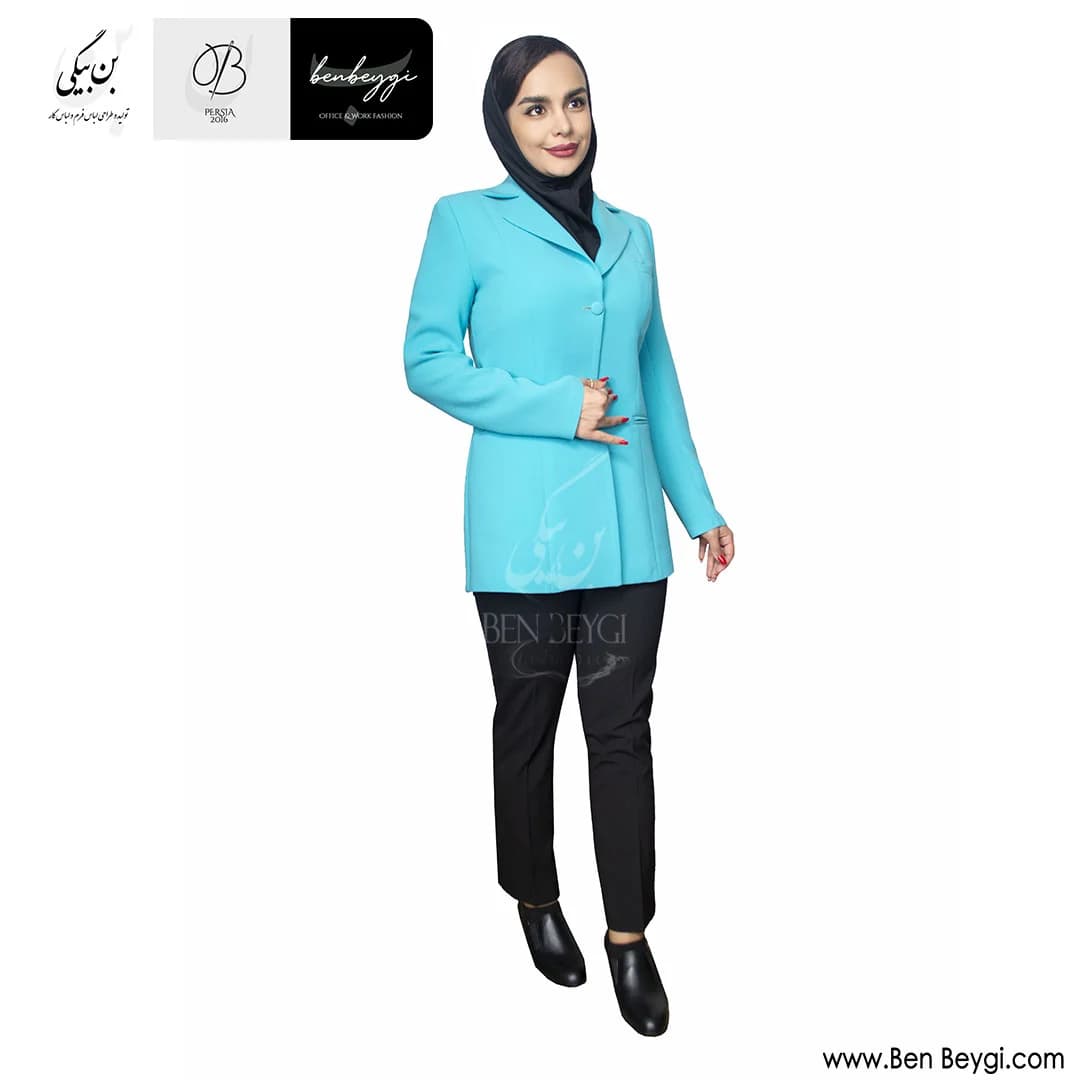 مانتو شلوار اداری آبی نارنگ تک دکمه یقه انگلیسی پارچه کرپ کنزو کد 25897 — تصویر ۳