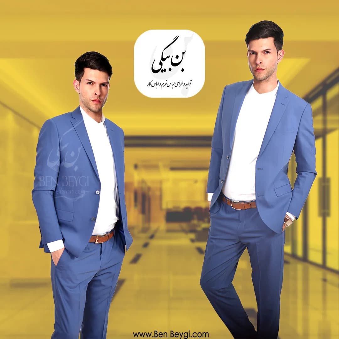 کت و شلوار مردانه اداری پارچه فاستونی رنگ آبی روشن یقه انگلیسی 30562 — تصویر ۵