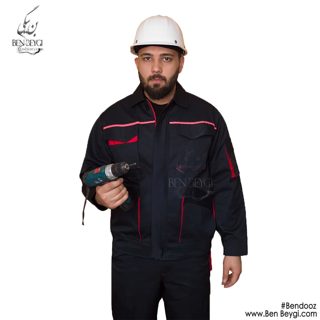 کاپشن کار مهندسی با شلوار پارچه کتان مدل یقه دار چهار جیب رنگ مشکی خرج کار قرمز کد 25478 — تصویر ۳