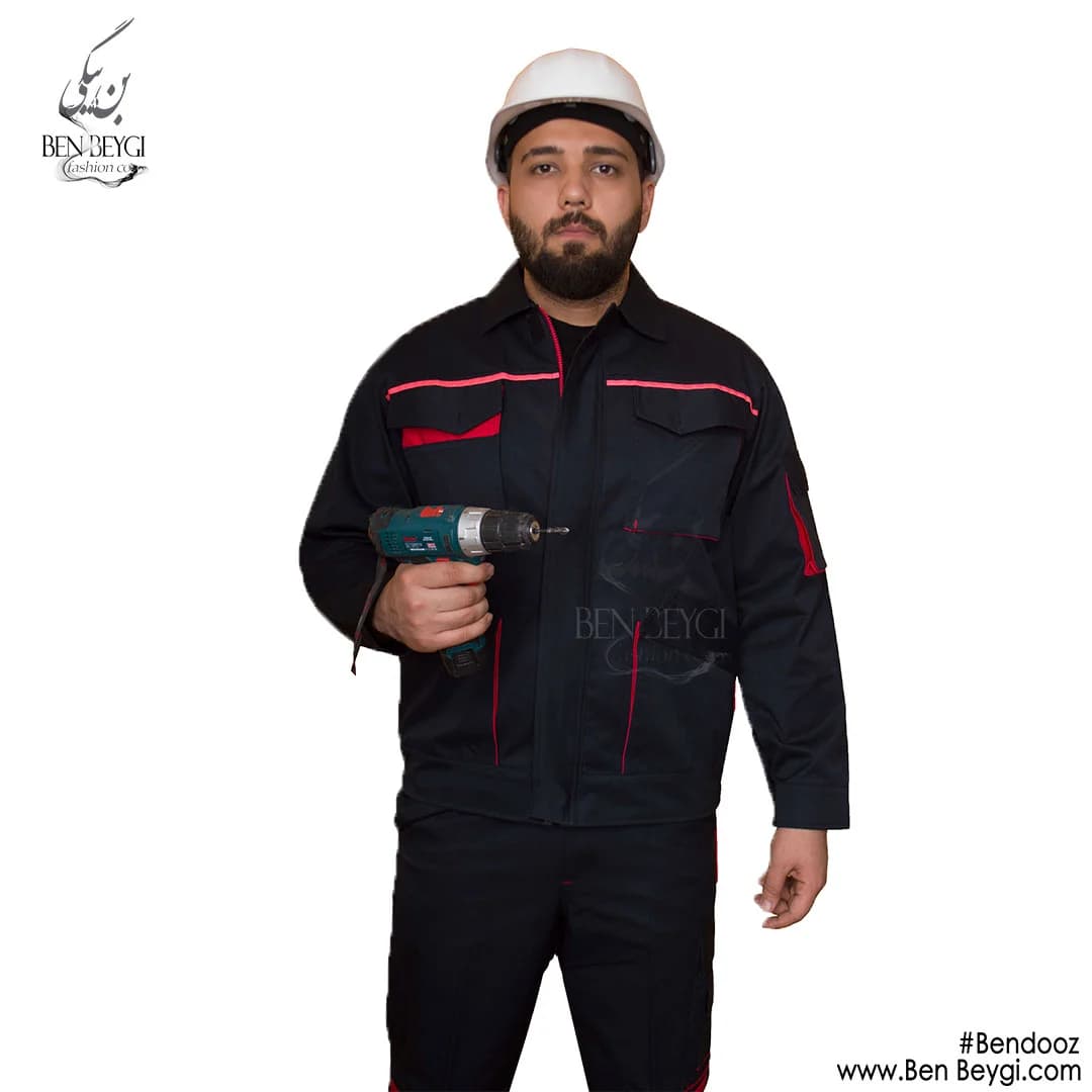 کاپشن کار مهندسی با شلوار پارچه کتان مدل یقه دار چهار جیب رنگ مشکی خرج کار قرمز کد 25478 — تصویر ۲
