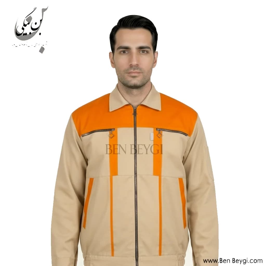 کاپشن کار با شلوار پارچه کجراه زیپ دار دو جیب یقه مردانه رنگ کرم و خردلی کد 30268