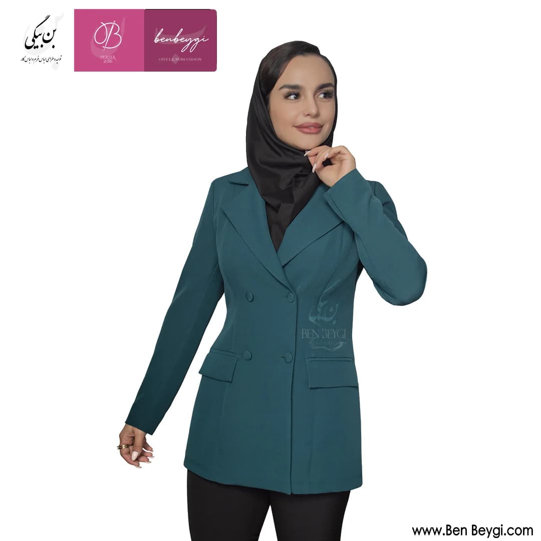 کت تک زنانه سبز یقه انگلیسی چهار دکمه روهمگرد دار پارچه کرپ مازراتی کد 28830 — تصویر ۳