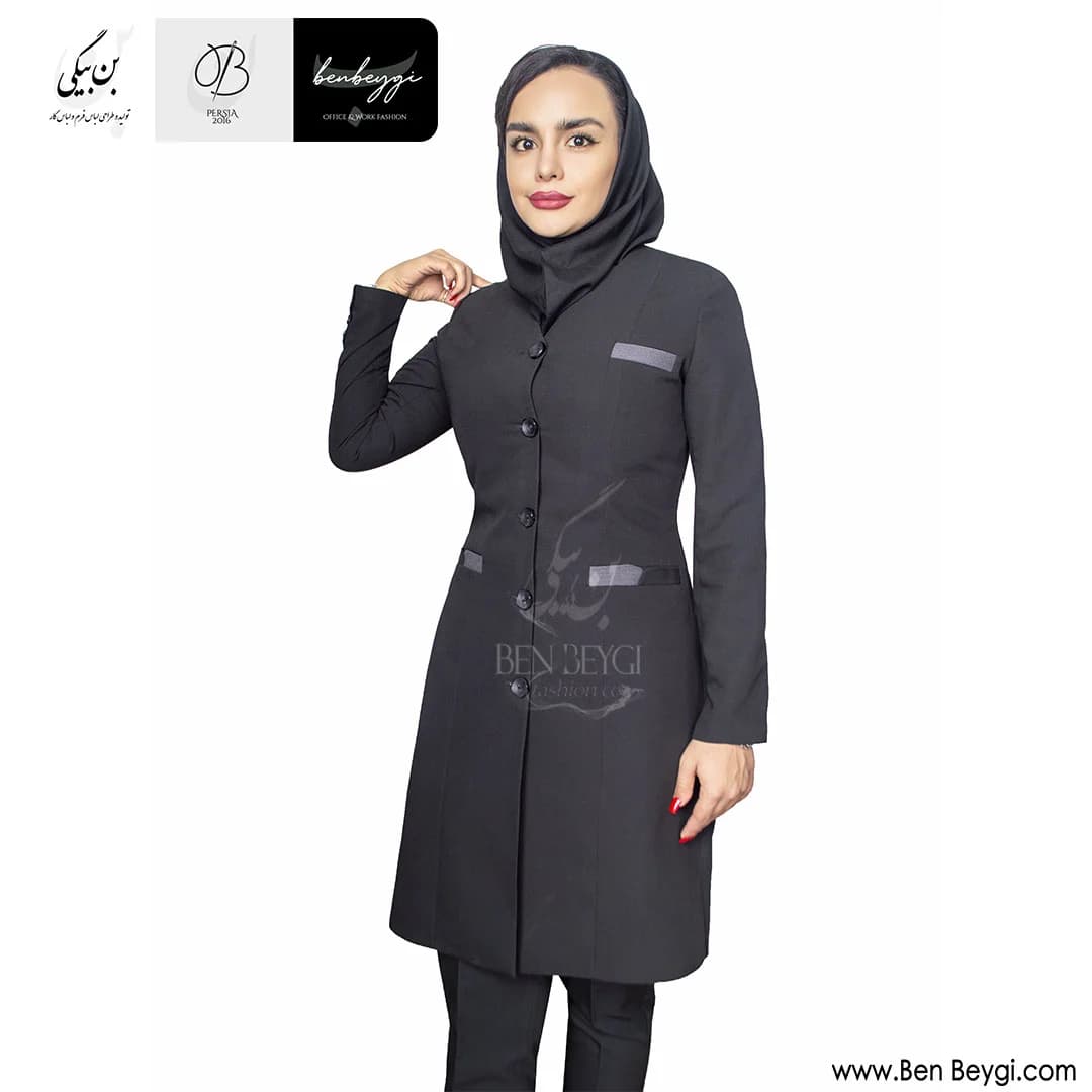 مانتو شلوار اداری مشکی پنج دکمه پارچه بزیاق کد 29383 — تصویر ۲
