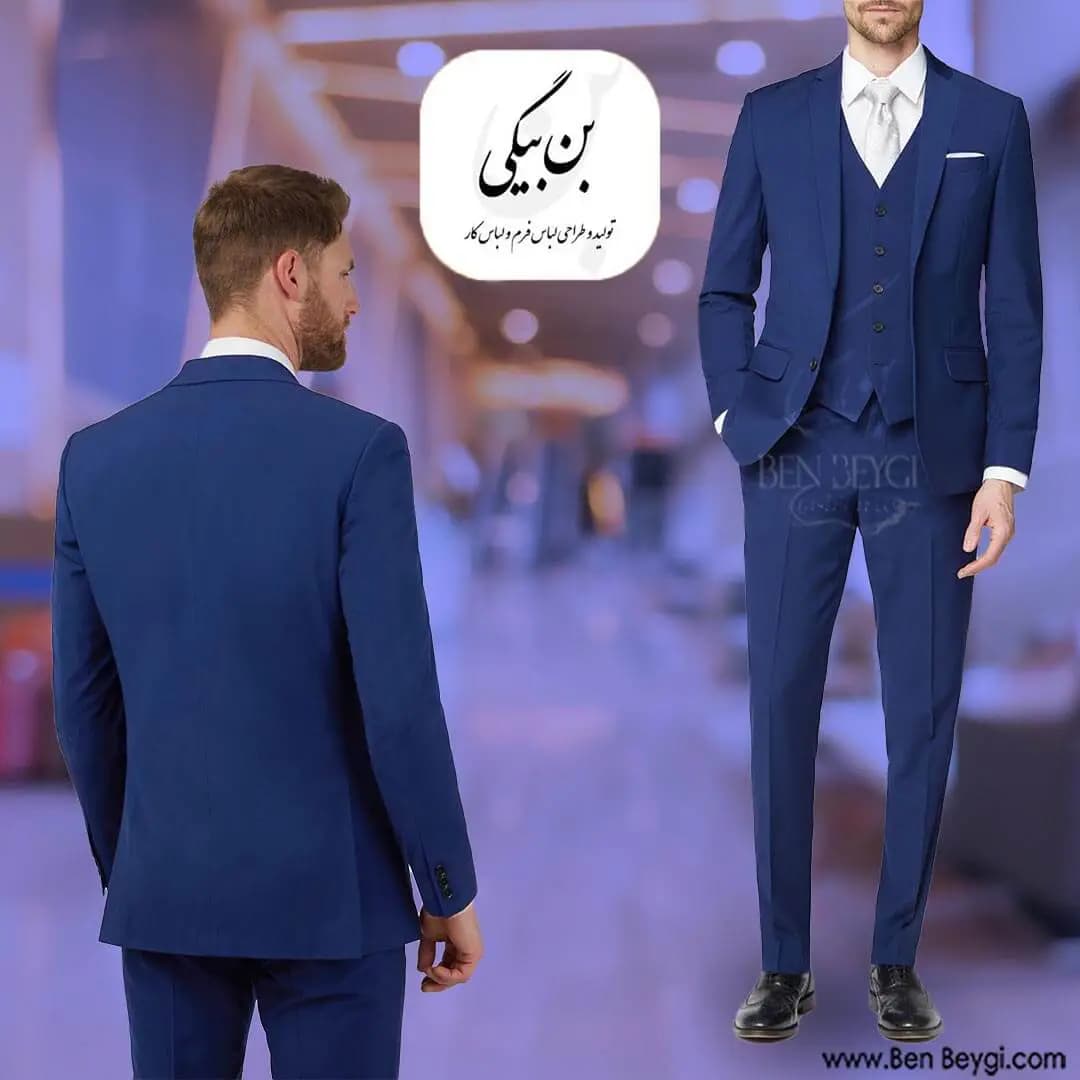کت و شلوار مردانه اداری پارچه فاستونی رنگ سرمه ای یقه انگلیسی 3693 — تصویر ۴