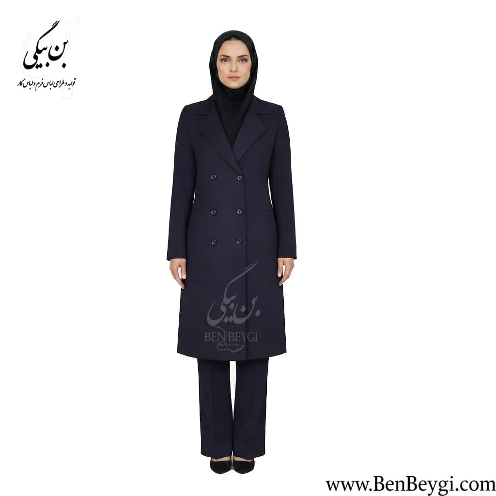 مانتو شلوار اداری سرمه ای شش دکمه دو جیب یقه انگلیسی فیونا کد 31048