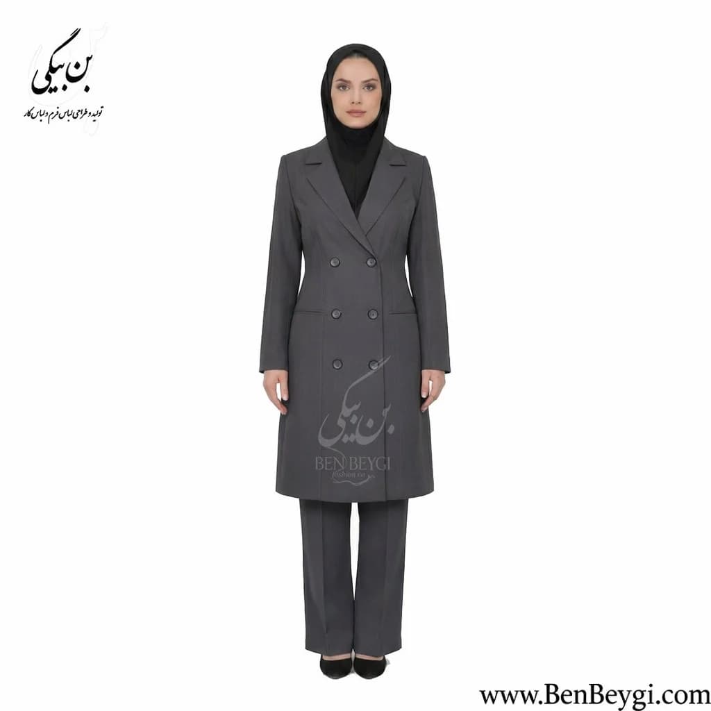 مانتو شلوار اداری مشکی شش دکمه دو جیب یقه انگلیسی فیونا کد 30924