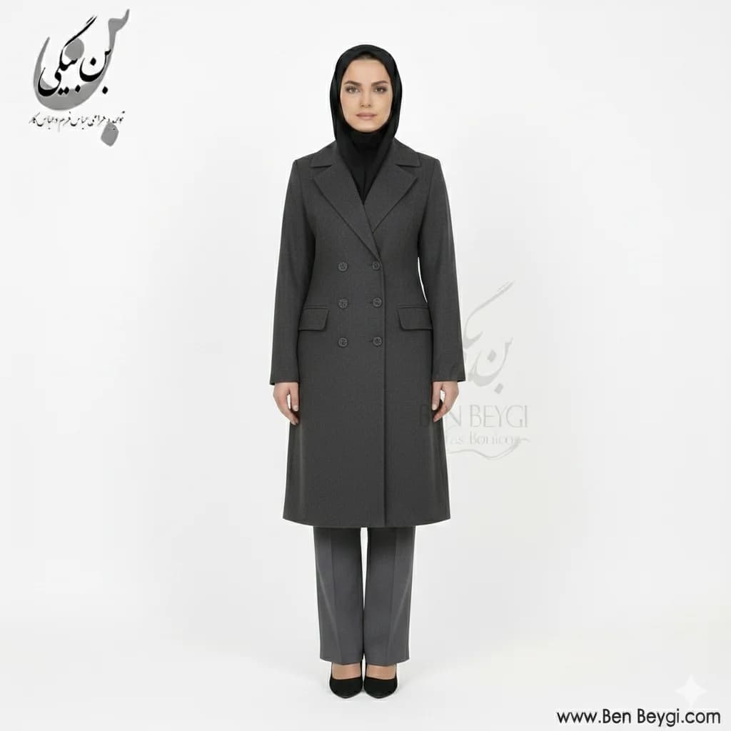 مانتو شلوار اداری مشکی شش دکمه دو جیب یقه انگلیسی فیونا کد 30924 — تصویر ۴