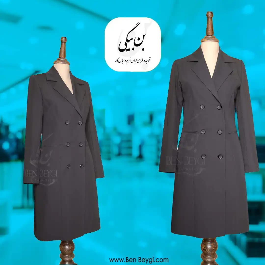 مانتو شلوار اداری مشکی شش دکمه دو جیب یقه انگلیسی فیونا کد 30924 — تصویر ۵