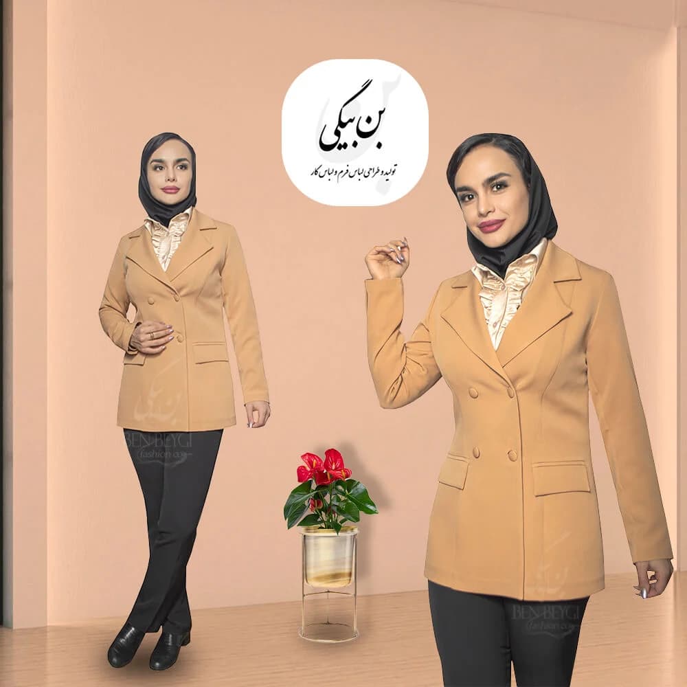 کت تک زنانه کرم چهار دکمه روهمگرد دار پارچه کرپ مازراتی کد 26422