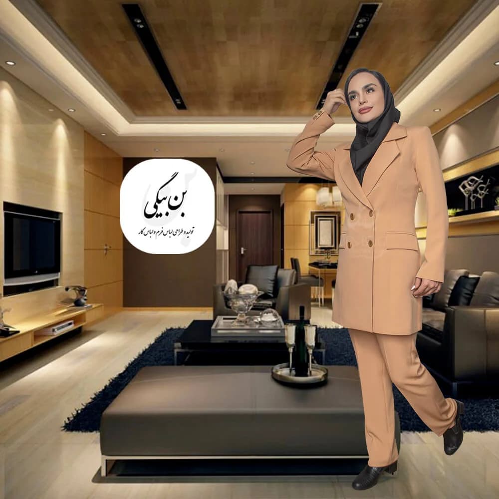مانتو شلوار اداری کرم 4 دکمه یقه انگلیسی دوبل روهمگرد دار پارچه کرپ کنزو کد 25842