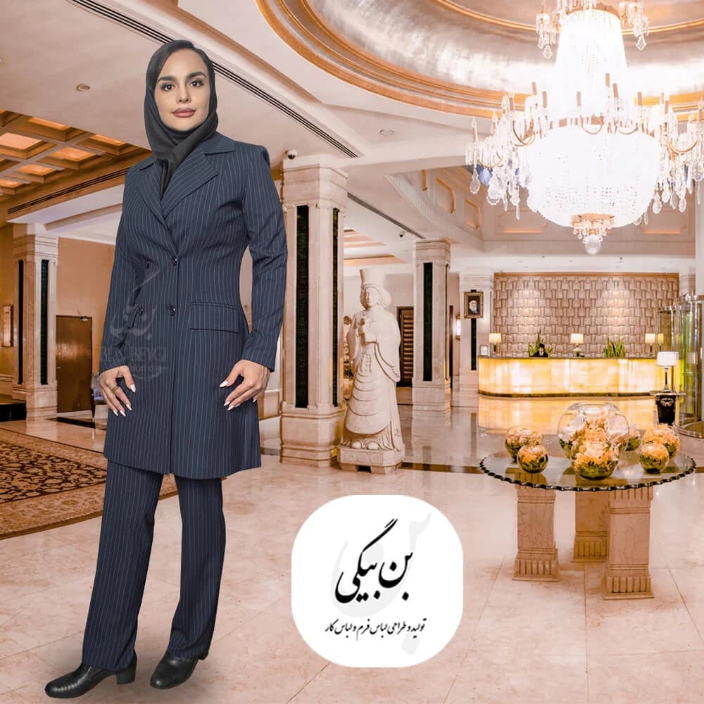 مانتو شلوار اداری سرمه ای راه راه یقه انگلیسی روهمگرد پارچه گاباردین کد 25885