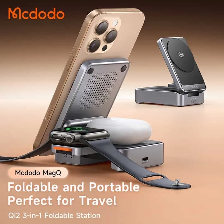 استند و شارژر وایرلس چندکاره مگنتی مک دودو Mcdodo CH-5192 Qi2 با امکان شارژ اپل واچ — تصویر ۲