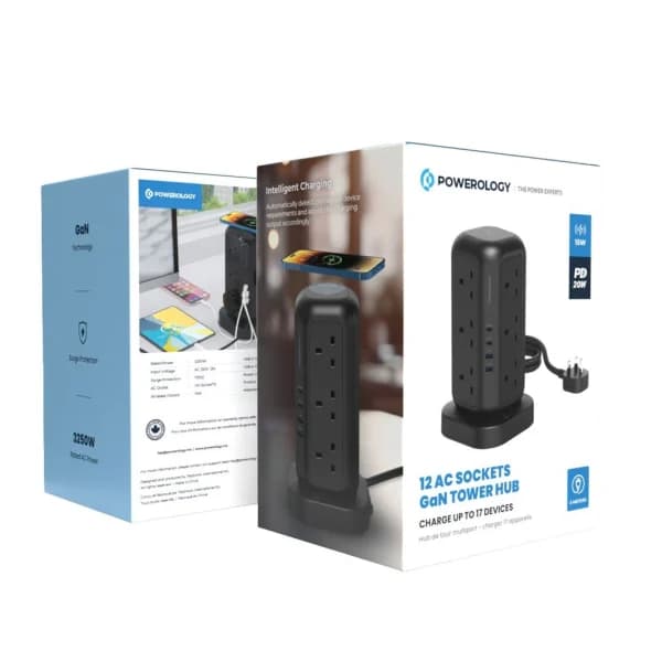 چند راهی برق و شارژر پاورولوژی Powerology 12 Socket GaN Tower Hub PWCUQC025 دارای 4 پورت — تصویر ۴