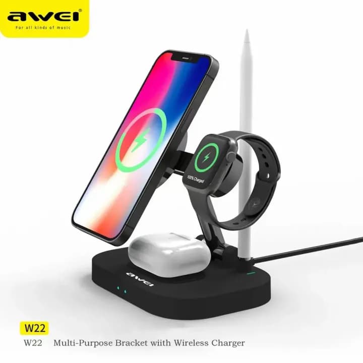 استند و شارژر وایرلس چندکاره اوی Awei W22 4 in 1 توان 15 وات با قابلیت شارژ اپل واچ