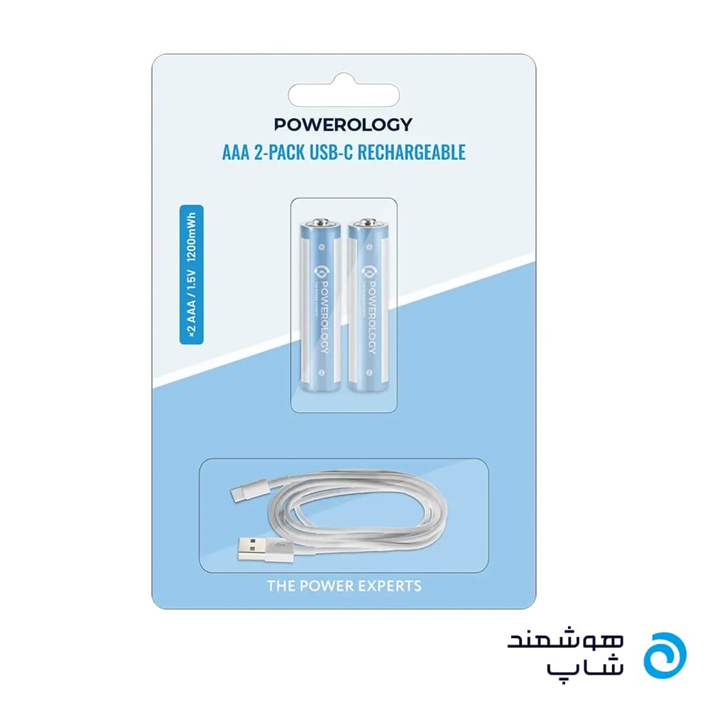 باتری نیم قلمی شارژی پاورولوژی Powerology PWAAA122 پک 2 عددی USB-C