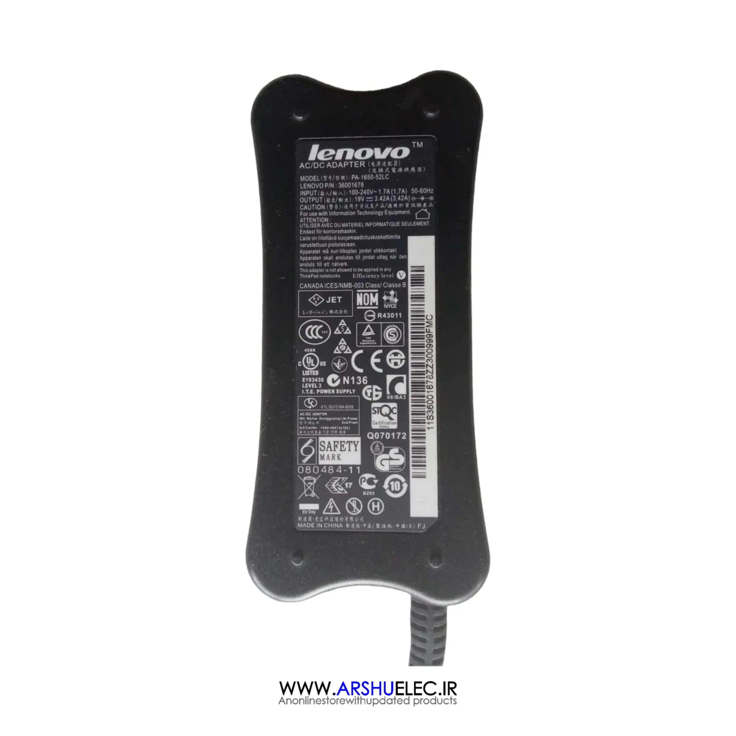 شارژر لپ تاپ لنوو 19 ولت 3.42 آمپر 65 وات اورجینال مدل PA-1650-52LC