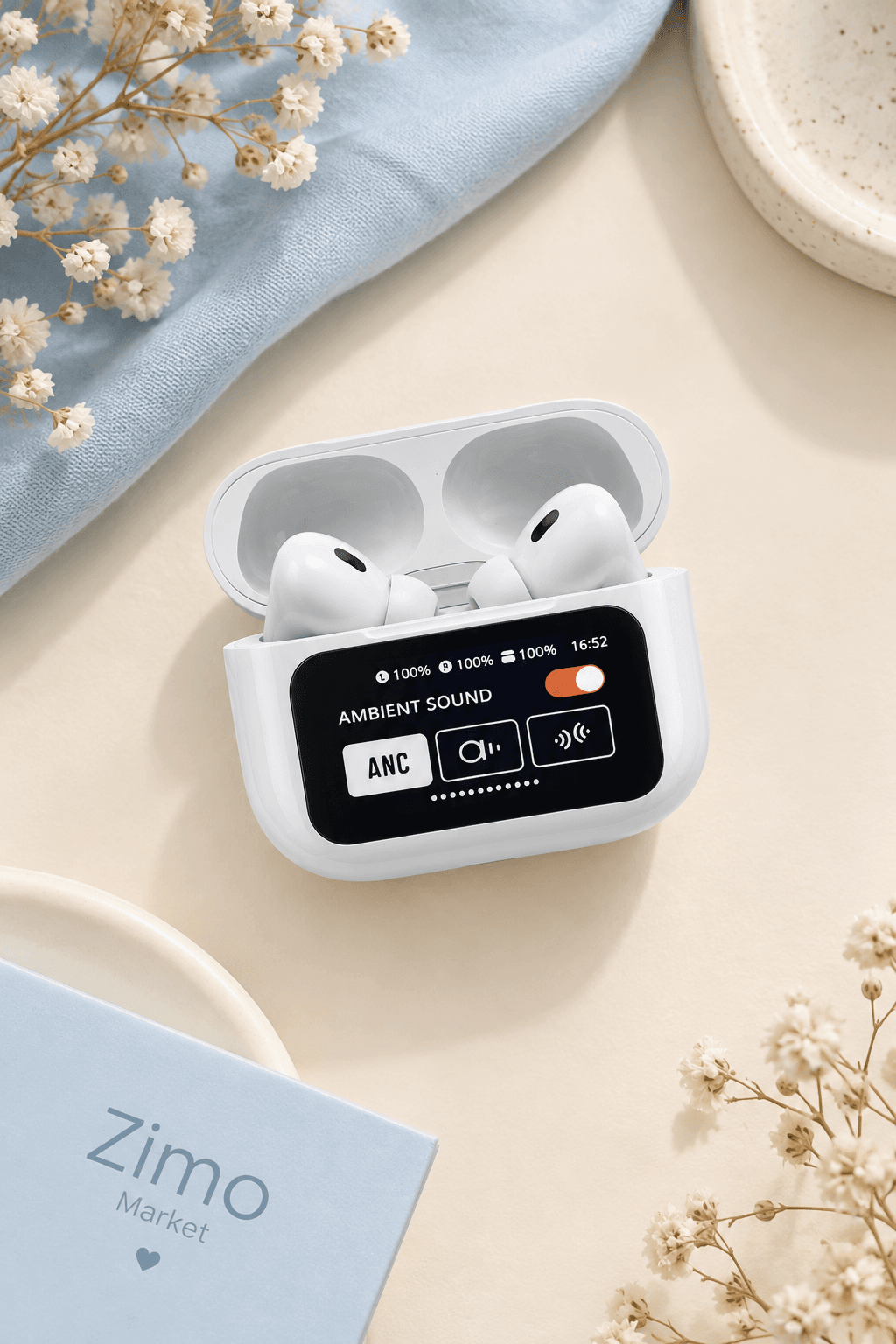 ایرپاد بلوتوثی اپل طرح AirPods Pro 2nd Generation و صفحه نمایش دیجیتال لمسی با نویز کنسلینگ فعال (ANC)، نویز کنسلینگ میکروفون (ENC)، درگاه شارژ USB Type-C، با قابلیت شارژ بی‌سیم، دارای میکروفون دوگانه