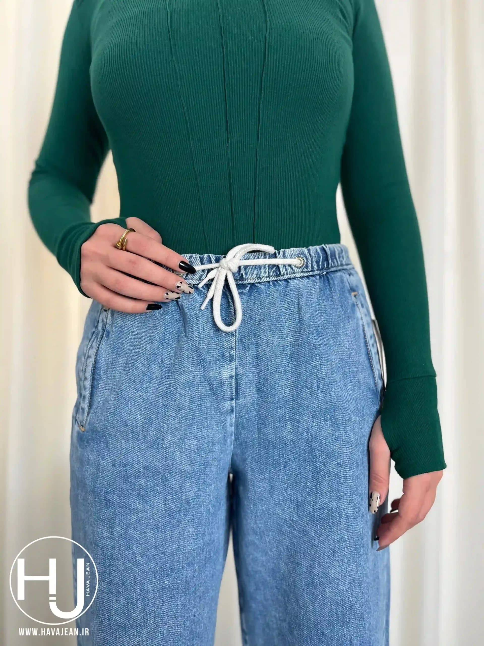 شلوار جین زنانه وارداتی بگ کمر کش آبی کد BG105 — تصویر ۵