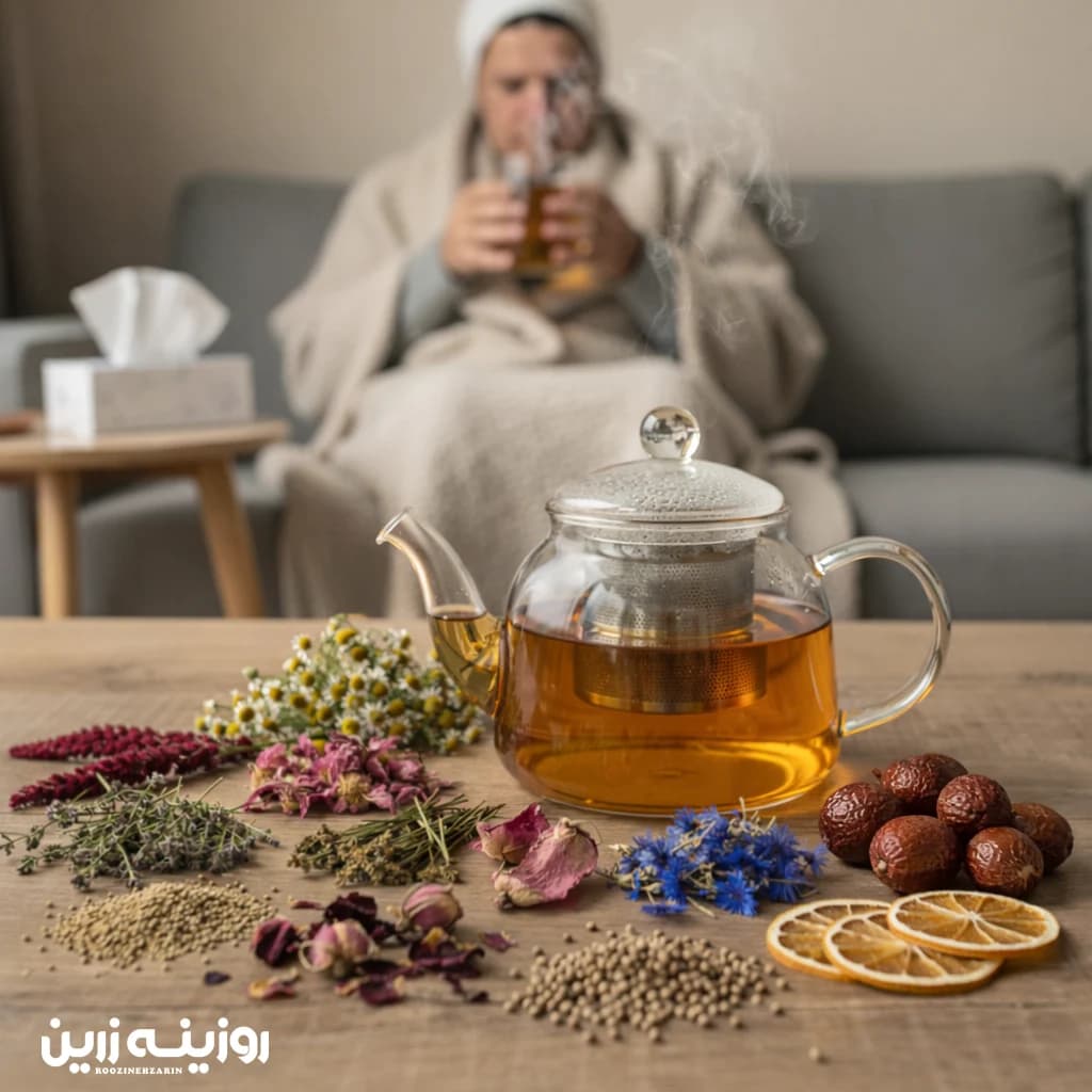 جوشانده سرماخوردگی روزینه زرین | ترکیب گیاهی سنتی ۱۱ گیاه برای روزهای سرد — تصویر ۲