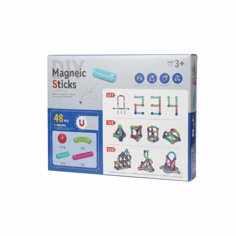 ساختنی مگنتی Magnetic Stick (۴۸ قطعه) | بازی فکری و مهندسی | تقویت هوش فضایی و خلاقیت | مناسب ۳ سال به بالا