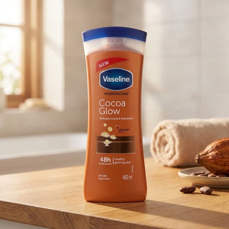 لوسیون بدن وازلین مدل Cocoa Glow حجم 400 میلی‌لیتر نرم کننده و آبرسان پوست خشک و حساس با عصاره کاکائو و شی باتر، حاوی ویتامین E، حفظ نرمی و لطافت پوست و جلوگیری از خشکی و خارش — تصویر ۲