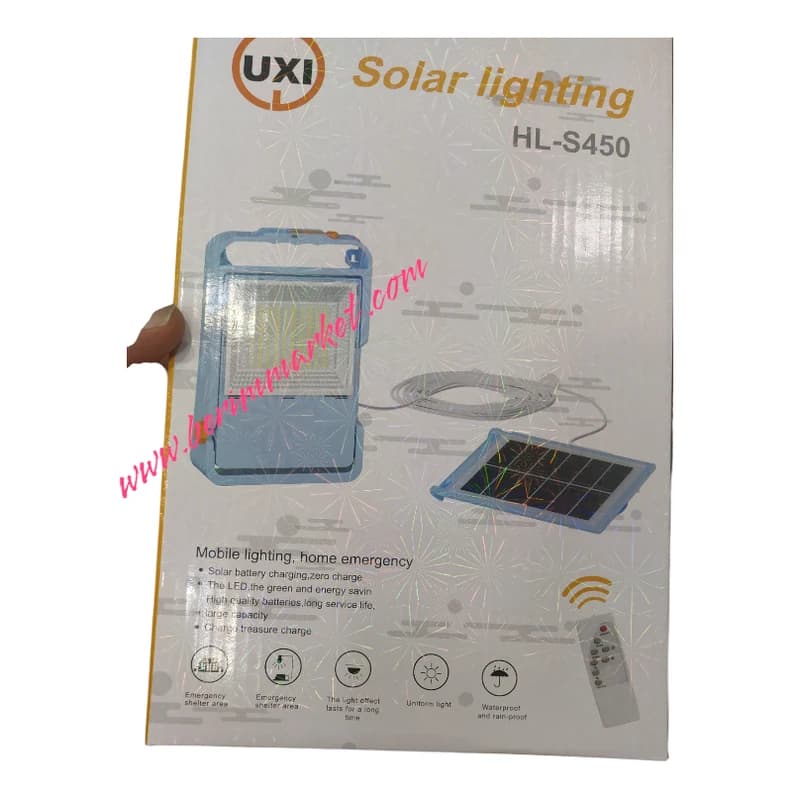 پروژکتور LED شارژی و چندمنظوره UXI مدل HL-S450- شارژ خورشیدی و برقی – با ریموت کنترل و پاوربانکh — تصویر ۵