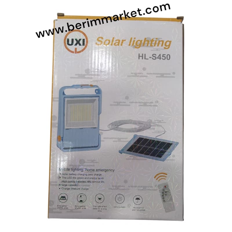 پروژکتور LED شارژی و چندمنظوره UXI مدل HL-S450- شارژ خورشیدی و برقی – با ریموت کنترل و پاوربانکh — تصویر ۳