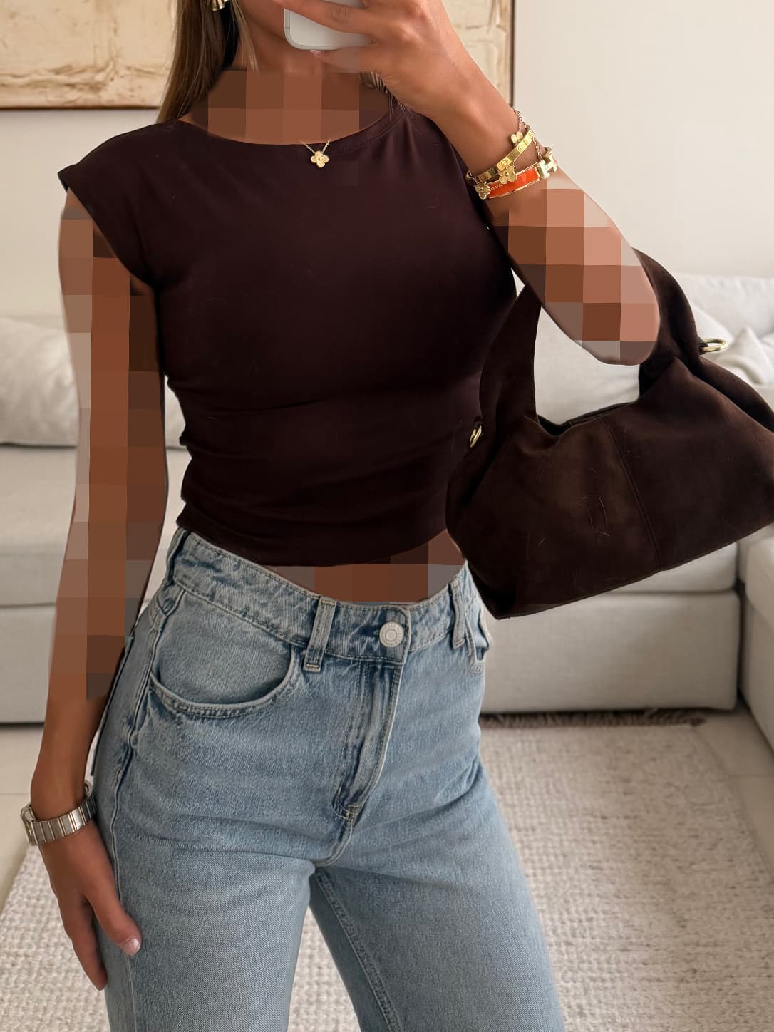 River Island | Sculpt Shoulder Tee (Deep Chocolate) — تصویر ۳
