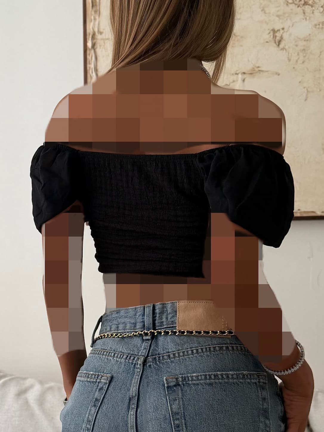 River Island-Off- Black Shoulder Smocked Crop Top — تصویر ۴
