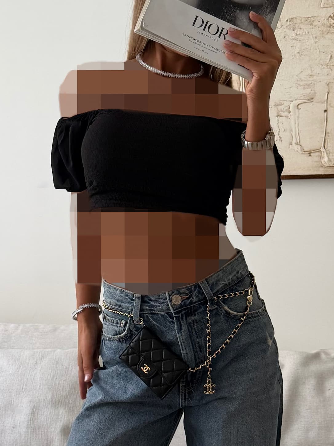River Island-Off- Black Shoulder Smocked Crop Top — تصویر ۳